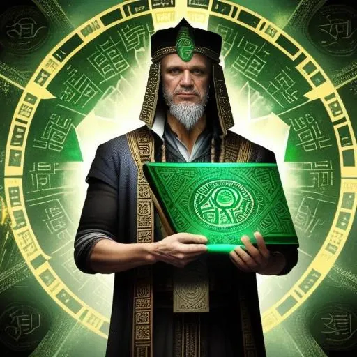 epic photo of a man holding a small triangle shaped emerald tablet coverd with ancient symbols Aztec Myan hieroglyphics