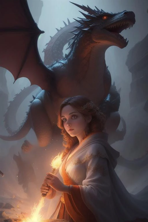 Photorealistic, masterpiece, fine-tuned details, highly detailed dynamic lighting, realism pushed to extreme, admist a shade of orange and black,ice and fire,a mage woman and dragon practising spellcasting , sunny afternoon, sheer and lace robe, very detailled background, variety of flower in background, glowing magical effects, epic scene, realism pushed to extreme,fine-tuned details, highly detailed dynamic lightin, deep shadow, glowing, raining, amazing depth, intricately detailed, bokeh, perfect balanced, deep fine borders