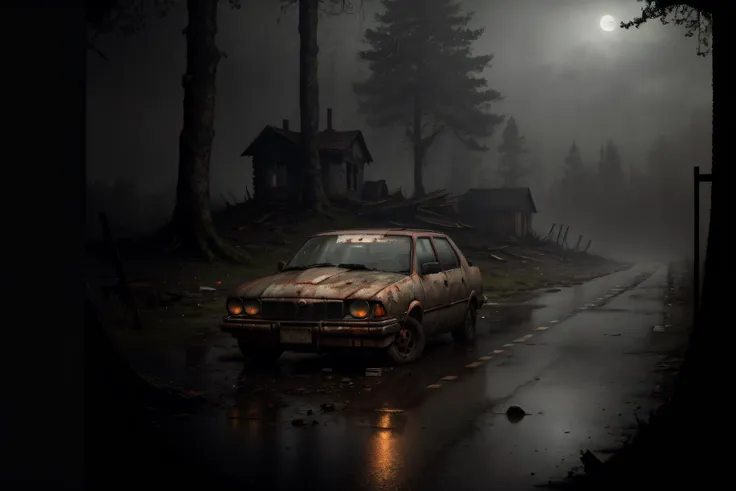 masterpiece, best quality, 4k, no humans, Dim gloomy lighting, abandoned town, a car parked in a parking lot in the rain with a forest in the background and a dark sky, landscape, muted color, silent hill style, <lora:SilentHillStyle:0.5>, Composite shot