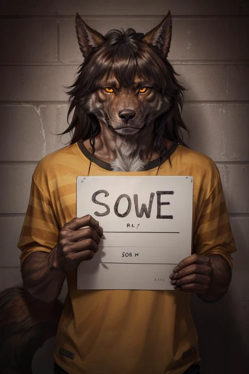 masterpiece, best quality, highres, detailed, realistic, werewolf, monster, mugshot, height chart, solo, upper body, holding sign, looking at viewer, brown fur, yellow eyes, prison clothes, striped shirt  <lora:Werewolf:0.9> <lora:mugshot:0.5>  <lora:more_details:0.2>