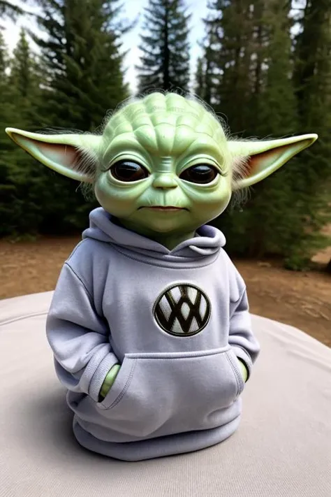 a Yoda in a pullover with a Volkswagen logo, 4k,8k, best quality, realistic mod