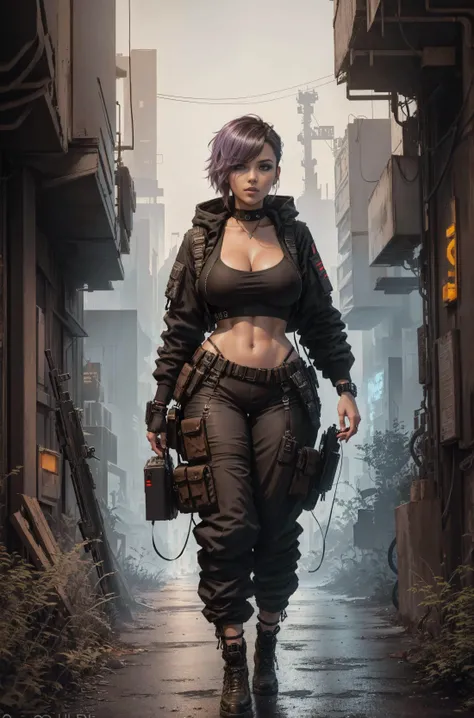 Spanish, synthwave, sci fi, (cyberpunk:1.6), (full body character portrait:1.2), (Mexican woman:1.2), (news repoter:1.4) (carrying a large video camera filming a crime scene:1.2), perfect face, (huge boobs:1.2), punk techwear biker jacket, (brown skin:1.6), (30 years old:1.3), asymmetrical hairstyle, flying drone, (red tactical pants:1.5), ash tray on a table with smoking cigarette, mature, nebula, stars, moon in the distance in the sky, parking lot, neon sign, purple neon lights, choker, black hair, asymmetrical hairstyle, (hair over one eye:1.2), dirty city, concept art, character art, masterpiece, (detailed face and eyes:1.2), blade runner mega city background, painting by Ed Blinkey, Atey Ghailan, Studio Ghibli, by Jeremy Mann, Greg Manchess, Antonio Moro, alphonse mucha, trending on ArtStation, trending on CGSociety, Intricate, High Detail, Sharp focus, dramatic, photorealistic painting art by midjourney and greg rutkowski, best hands, (3d, unreal engine:1.4), (toned body, thick thighs:1.4), <lora:urbanSamuraiClothing_urbansamuraiV03:0.5>, (food:1.2), (bloomed highlights:1.3), full body shot,