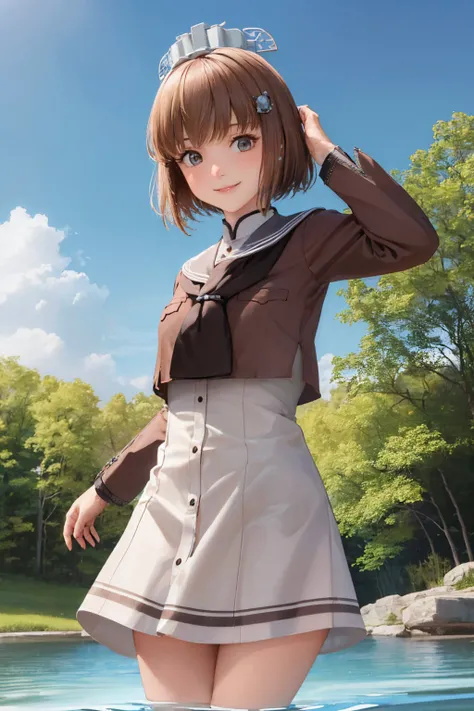 (masterpiece, best quality:1.2), <lyco:kancolle_tanyang-10:1.0>, cowboy shot, solo, 1girl, kcdanyang, smile, looking at viewer, wading, hair ornament, headgear, sailor shirt, grey sailor collar, white dress