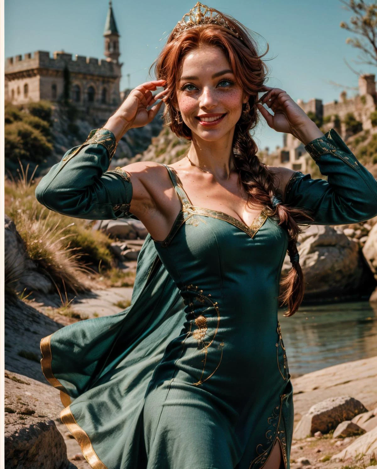 FIONAWAIFU
GREEN DRESS
dark BLUE EYES, RED HAIR, SINGLE BRAID, TIARA, MAKEUP, FRECKLES, green dress, (short dress:1.3), tiara, golden embroidery thread in dress, cleavage, cut out dress, sexy dress, open shoulder , smiling , fit, castle background,
(cowboy shoot:1.5), karate pose,
<lora:Person_FionaPrincess_Character:0.5> <lora:weight_slider_v2:-0.5> <lora:zoom_slider_v1:-0.8>, Masterpiece , RAW ,Photo, high resolution, photorealistic, realistic, intrinsic detail, film grain<lora:add_detail:0.7> <lora:skin_texture_v2:0.7> <lora:perfect hands_1_5:0.7>