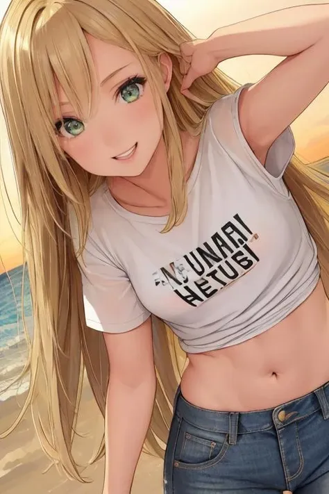 one girl, blonde hair, green eyes, wearing, denim short jeans, t-shirt, beach, sunset, teasing, posing,cute ass  sexy, sexy face , perfect face, perfect body, ultra-detailed face, ultra-detailed eyes, looking at viewver <lora:Candece:0.7>, smile