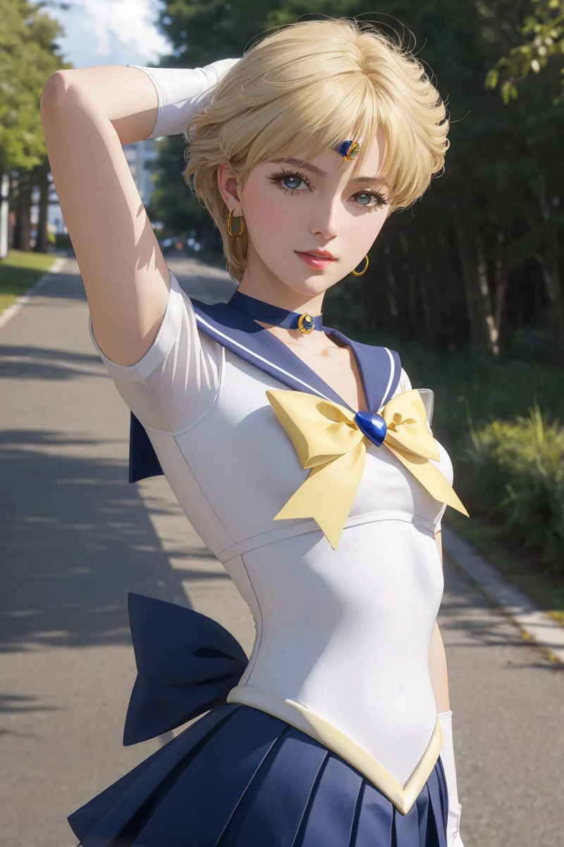 professional photo of sailor uranus, mature woman, small breasts, aqua eyes, blonde hair, sailor senshi uniform, sailor collar, chest bow, back bow, plead skirt, white elbow gloves,
detailed skin, detailed eyes,
<lora:Kizuki_-_Sailor_Moon_-_Sailor_Uranus:0.85>,