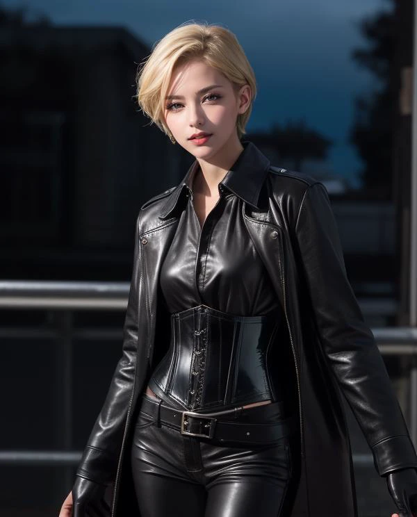 sailor uranus is wearing ((black horsehide) maxi long coat), (cowboy shot), A realistic photograph of 1girl, she has very short blonde hair, she is wearing ((trousers in black horsehide:1.4), collared shirt in black horsehide, long gloves in black horsehide, thighhigh boots in black horsehide, corset in black horsehide), (the woman is satisfied), dark theme, <lora:LowRA:0.4>, (looking at viewer), <lora:more_details:0.1>, at night, <lora:Kizuki - Sailor Moon - Sailor Uranus:0.5>