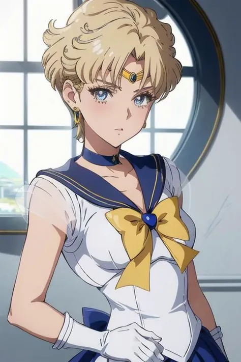 best quality, super detailed skin, <lora:Kizuki - Sailor Moon - Sailor Uranus:0.8> sailor uranus, mature woman, small breasts, aqua eyes, blonde hair,sailor senshi uniform, sailor collar, chest bow, back bow, plead skirt, white elbow gloves