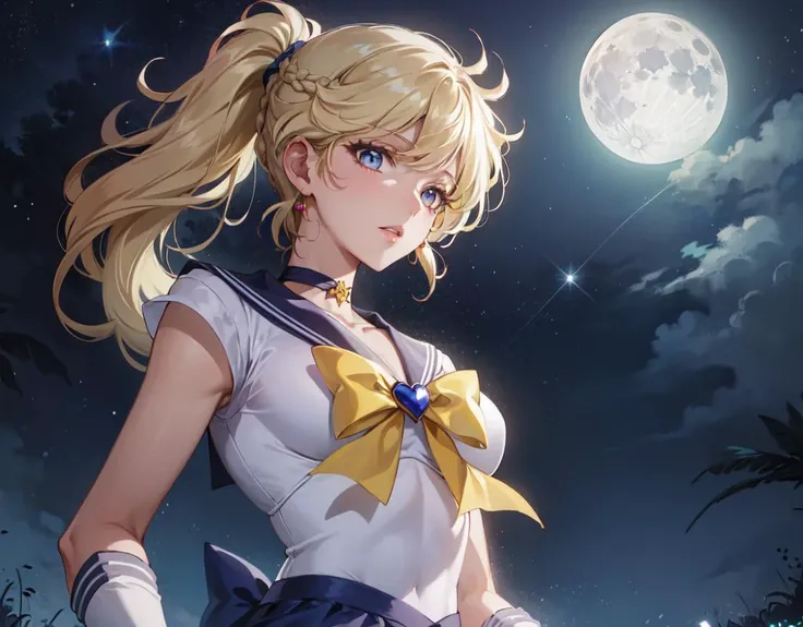 <lora:GoodHands-vanilla:1>,<lora:Kizuki - Sailor Moon - Sailor Uranus:0.8>,(pretty and clearly image,masterpiece,cg,best quality,highres, extremely beautiful and delicate,good anatomy:1.3 ),(detailed eyes),pretty face,perfect face,lovely,mature female,pink lips,1girl,pretty body, narrow waist,sailor uranus, mature woman, large breasts, aqua eyes, blonde hair, (braided ponytail:1.3),sailor senshi uniform, sailor collar, chest bow, back bow, plead skirt, white elbow gloves, upper body, full moon at background,night sky, facing viewer, ocean, starry sky, straight-on, fantasy, fantastic,romantic,from below,