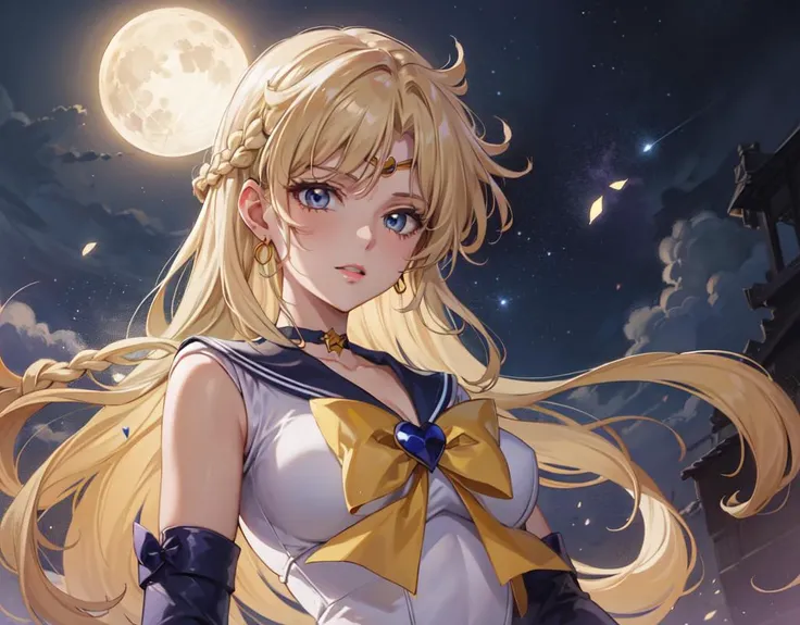 <lora:GoodHands-vanilla:1>,<lora:Kizuki - Sailor Moon - Sailor Uranus:0.8>,(pretty and clearly image,masterpiece,cg,best quality,highres, extremely beautiful and delicate,good anatomy:1.3 ),(detailed eyes),pretty face,perfect face,lovely,mature female,pink lips,1girl,pretty body, narrow waist,sailor uranus, mature woman, large breasts, aqua eyes, blonde hair, (french braid:1.3),sailor senshi uniform, sailor collar, chest bow, back bow, plead skirt, white elbow gloves, upper body, full moon at background,night sky, facing viewer, ocean, starry sky, straight-on, fantasy, fantastic,romantic,from below,