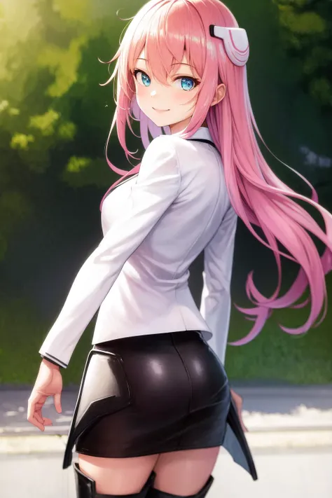 masterpiece, best quality, highres, 1girl riessfeld hair ornament, school uniform white jacket long sleeves black skirt thigh boots <lora:riessfeld:1> from side, looking at viewer, looking back, smile