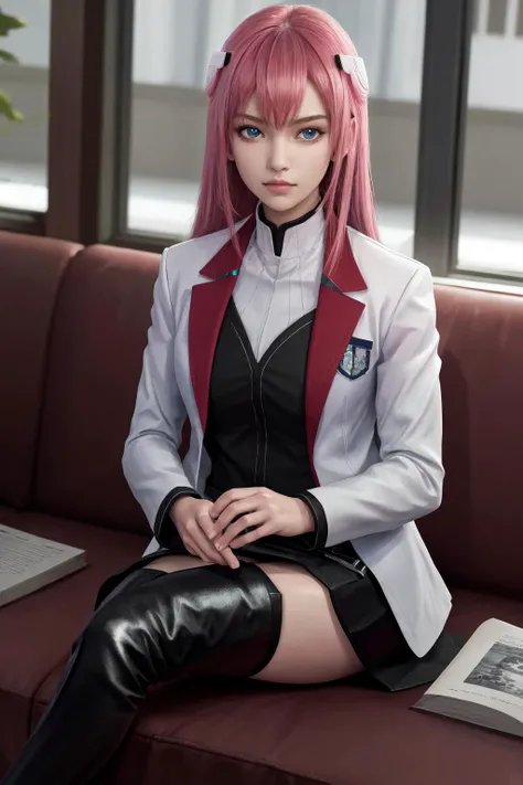 masterpiece, best quality, highres, 1girl riessfeld hair ornament, school uniform white jacket long sleeves black skirt thigh boots <lora:riessfeld:1> sitting, (photorealistic:1.0)