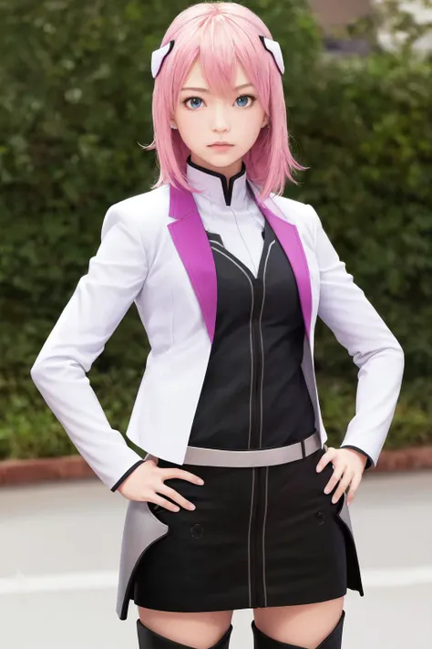masterpiece, best quality, highres, 1girl riessfeld hair ornament, school uniform white jacket long sleeves black skirt thigh boots <lora:riessfeld:1> standing, hands on hips, (photorealistic:1.0) pink hair