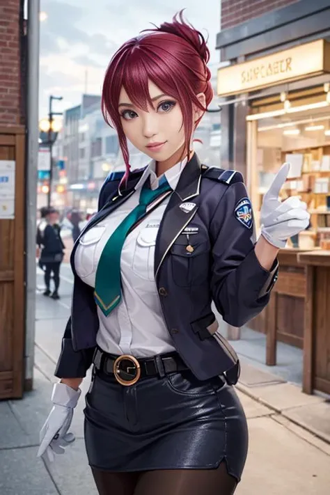 masterpiece, (photorealistic:1.5), best quality, beautiful lighting, real life, highres, detailed beautiful face, detailed eyes, aoi1, 1girl, solo, red hair, folded ponytail, blue eyes, skirt, necktie, white gloves, police uniform, belt, black pantyhose, armband, huge breasts, <lora:sakuraiAoiRailWars_v10:0.75>, standing, hand in air, full body, outdoors, smile, indoors, intricate, high detail, sharp focus, dramatic, beautiful girl , (RAW photo, 8k uhd, film grain), caustics, subsurface scattering, reflections
