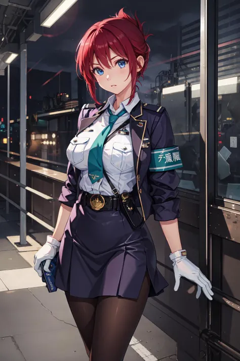 masterpiece, best quality, 1girl, solo, <lora:sakurai_aoi_v1:0.6>, aoi1, red hair, folded ponytail, blue eyes, skirt, necktie, white gloves, police uniform, belt, black pantyhose, jacket, armband, large breasts