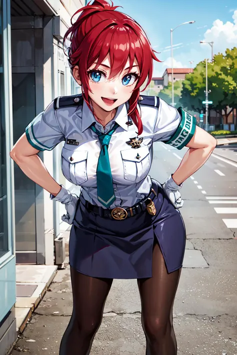 masterpiece, best quality, highres, aoi1, 1girl, solo, red hair, folded ponytail, blue eyes, skirt, necktie, white gloves, police uniform, belt, black pantyhose, armband, short sleeves, large breasts, <lora:sakurai_aoi_v1:0.6>, leaning forward, smile, hand on hip, open mouth, outdoors,