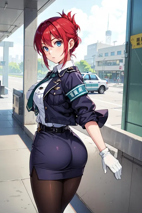 masterpiece, best quality, highres, aoi1, 1girl, solo, red hair, folded ponytail, blue eyes, necktie, white gloves, police uniform, belt, black pantyhose, jacket, armband, large breasts, smile, salute, outdoors, panties under pantyhose,back shot,ass focus