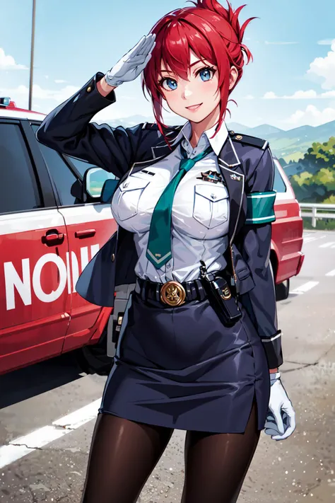 masterpiece, best quality, highres, aoi1, 1girl, solo, red hair, folded ponytail, blue eyes, skirt, necktie, white gloves, police uniform, belt, black pantyhose, jacket, armband, large breasts, <lora:sakurai_aoi_v1:0.6>, cowboy shot, standing, smile, salute, outdoors,