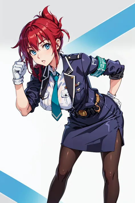 masterpiece, best quality, 1girl, solo, aoi1, red hair, folded ponytail, blue eyes, skirt, necktie, white gloves, police uniform, belt, black pantyhose, jacket, armband, large breasts, <lora:sakurai_aoi_v1:0.6>, hand on hip, leaning forward, stading