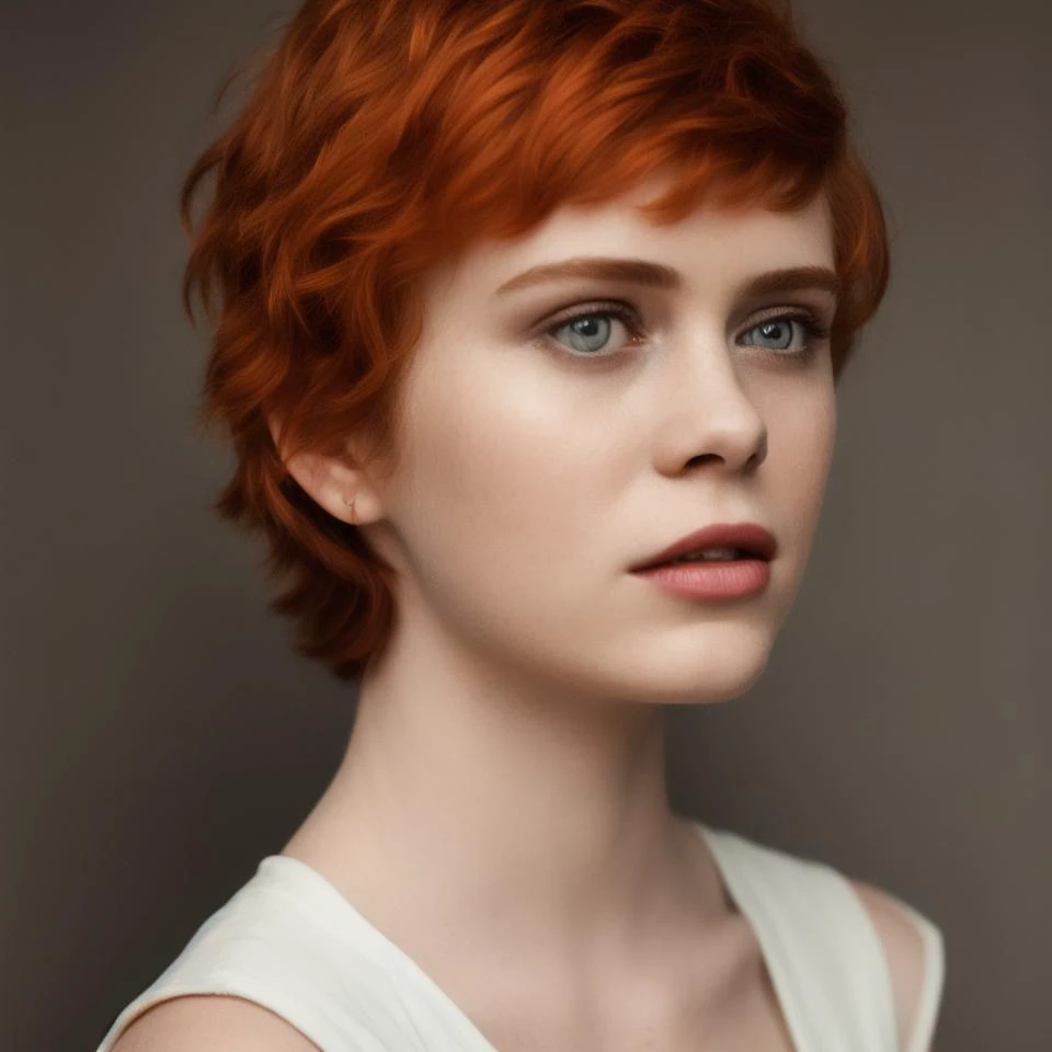 portrait of a beautiful actress Sophia Lillis 18 years old with short redhair, orange hair, <lora:sophiaLillis_v10:0.7>, RAW photo, candid, professional photography, 1.8f, dof, studio lighting, sharp focus , intricate details, volumetric light, perfect studio soft lights, (backlight:1.2), 8k uhd, dslr, high quality, film grain, (detailed skin:1.2), wrinkles, pores