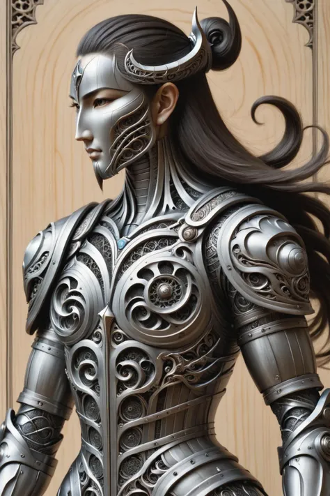 a close up of a drawing of a man with a sword, by Yang Buzhi, mecha plate armor, sleek armor, intricate organic painting, graphic artist magali villeneuve, from three kingdoms, brutalist shiro, side profile artwork, 2 0 7 7, genji, gujian, greg rutkowski and krenz cushart, antique painting <lora:Da_Vinci:0.8> Biomech, ink drawing, anatomical, Da_Vinci, vitruvian <lora:woodfigurez:1> woodfigurez
