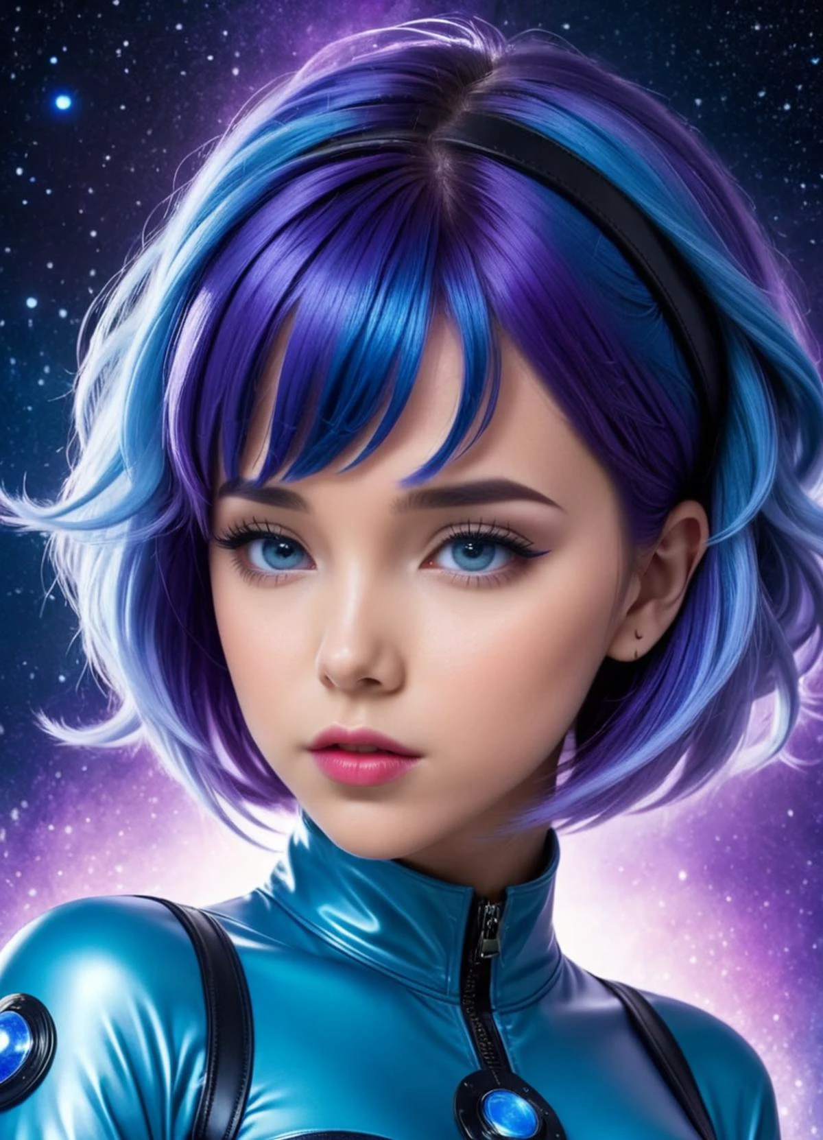 Techwear fashion a woman with blue hair and purple latex outfit, pretty girl with blue hair, glamourous cosplay, beautiful woman with blue hair, princess intergalactica, beautiful blue haired girl, blue and purple glowing hair, purple and blue leather, girl with blue hair, fantasy photoshoot, blue and violet, alien princess, anna nikonova aka newmilky, in a space cadet outfit <lora:FF.84.sdvn6Realxl_detailface.lora:1> Surreal portrait with celestial elements by Kelly McKernan A haunting portrait of a crying with vivid blue eyes, inspired by Margaret Keane's 'Big Eyes' . Futuristic, cyberpunk, urban, tactical, sleek, dark, highly detailed