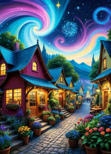 Graffiti style A vibrant, colorful illustration of a bustling fantasy marketplace, with intricate details and dynamic lighting inspired by Tyler Edlin's style <lora:FF.91.realcartoonXL_v2.lora:1> Design a Thomas Kinkade-inspired garden with a cozy cottage A vibrant, swirling depiction of a starry night sky over a peaceful village, inspired by Vincent van Gogh's 'The Starry Night' . Street art, vibrant, urban, detailed, tag, mural