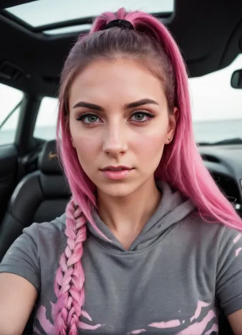 RAW photo, a 22-year-old- Girl, upper body, selfie in a Lamborghini, zebra print hoodie, (realistic) , (photo-realistic:1.5) , inside a car, driving, Whaling ship Tattoo, Belts, (Braided half-up half-down hair) , Pink hair, Smartwatch, (RAW photo, 8k uhd, film grain) , Sharp Eyeliner, Blush Eyeshadow With Thick Eyelashes, extremely delicate and beautiful, 8k, soft lighting, high quality, highres, sharp focus, extremely detailed, during the day, (sunlight on face) , beautiful detailed eyes, extremely detailed eyes and face, masterpiece, cinematic lighting, (high detailed skin:1.2) , 8k uhd, dslr, soft lighting, high quality, film grain, Fujifilm XT3,  <lora:FFusionXL-BASE-v1.FFai.lora:1.69>