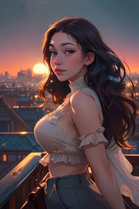 Merger_nika_khovloom
(cityscape:1.2) scene posing on the (rooftops:1.2) at (sunset:1.2) wearing clothes, wearing trousers and a top, (plain top:1.2), (top:1.2), (trousers:1.2), (cityscape:1.2), (night time sunset sky:1.3), (dark:1.1), (evening:1.2), vibrant sky colours,
bokeh, f1.4, 40mm, photorealistic, raw, 8k, textured skin, skin pores, intricate details <lora:epi_noiseoffset2:1>, epiCRealism <lora:detail_slider_v4:0.8>