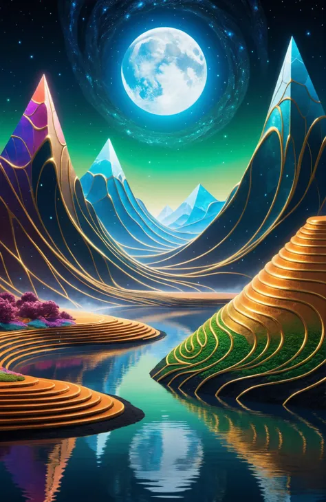 Surrealism, Astral Aura, <lora:d3qck artstyle:0.7> Amidst a realm of endless geometry, a fantastical landscape unfolds, where mountains of spiraling hexagons meet valleys of undulating circles. Rivers of liquid rhombuses flow in sync with the beating heart of this geometric wonderland. The flora and fauna here are creatures of shapes - animals composed of cubes and pyramids, plants with leaves of perfect polygons, all bursting with a spectrum of rainbow colors. The sky is a mosaic of geometrical constellations, casting a multicolored glow that bathes the landscape in a surreal light. This world is a celebration of the abstract, a testament to the beauty found in the rigid lines and the strict rules of geometry, yet painted with the wildest palette imaginable., astral, colorful aura, vibrant energy, expressive, dramatic, organic lines and forms, dreamlike and mysterious, Surrealism