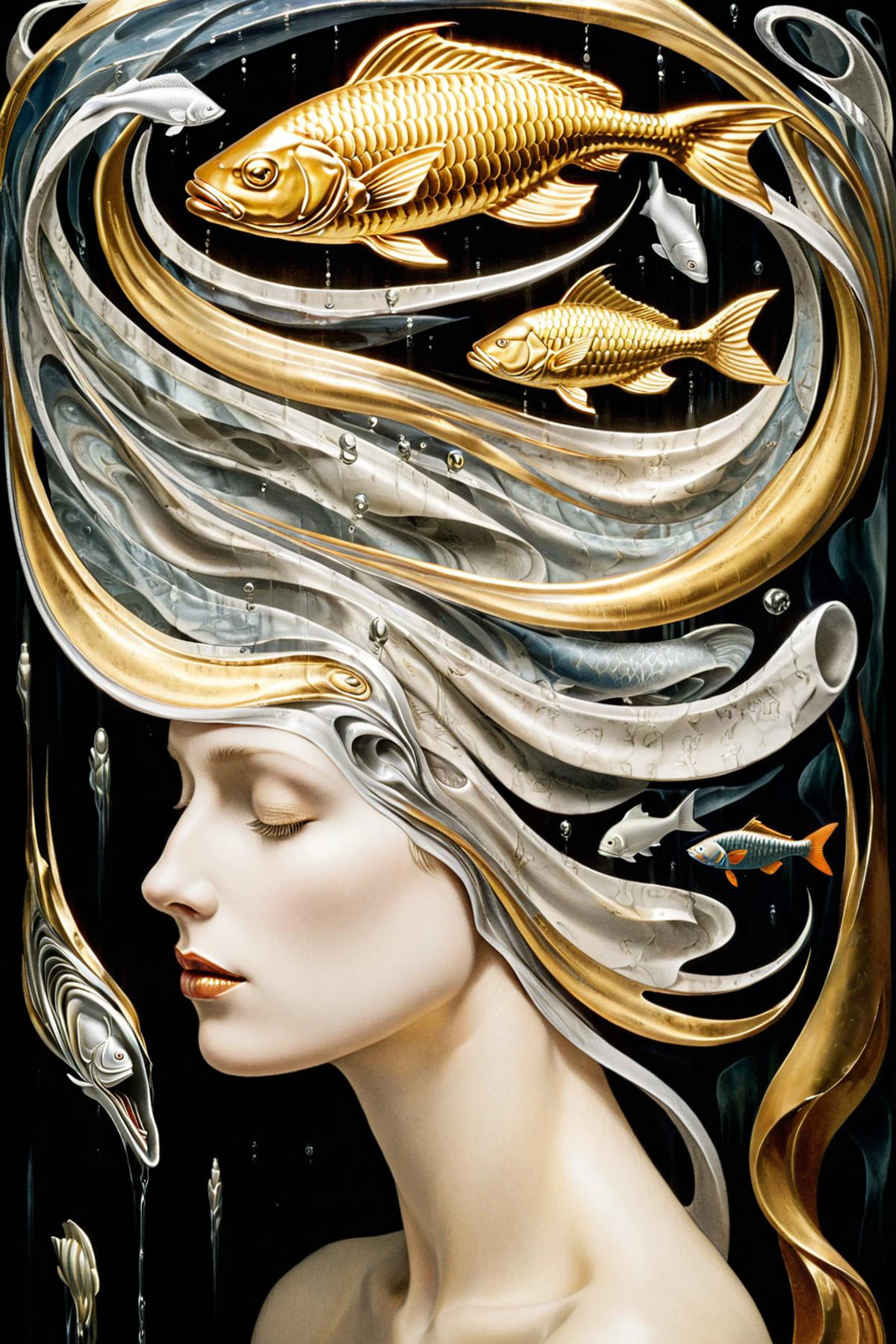 d3qck artstyle,<lora:d3qck_artstyle:0.8>,style of Edvard Munch,<lora:FF-Style-Edvard-Munch-vpred:1>,art by escher,<lora:Escher_SDXL:0.7>,
portrait of a woman with a hat on her head,An optical paradox:1.2 unfolds as fish:1.1 swim in an eternal waterfall:1.2,their scales reflecting the intricacies of tessellation:1.1,a nod to the artist's obsession:1.2,