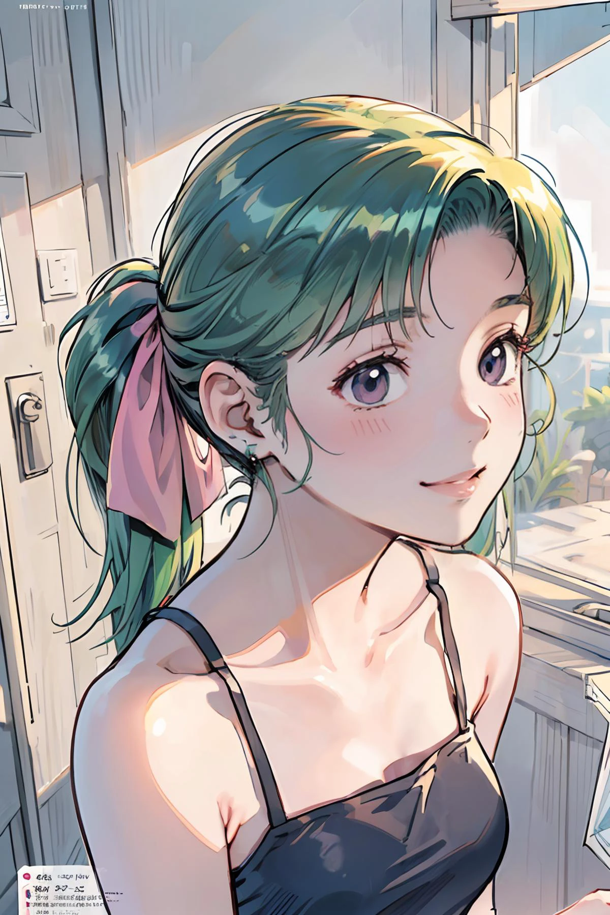 8k high quality detailed,highres,anime,comic,detailed image,
(an illustration of a age girl posing,(an illustration of girl,teengirl)),(magazine_illustration),
(,HatsuenoAlpha,1girl,green_hair,pony-tail,pink_hair_ribbon,medium breasts),(Brilliant Smile),detailed_face,
((clenched hands):0.8),
((, blue pants,camisole,killer):0.85),(,realistic clothing texture,realistic_skin_texture),<lora:HatsuenoAlpha:0.85>,<lora:æ§æèè²ç伽裤å带èå¿+ç¾å¥³:0.45>,<lora:more_details:0.2>