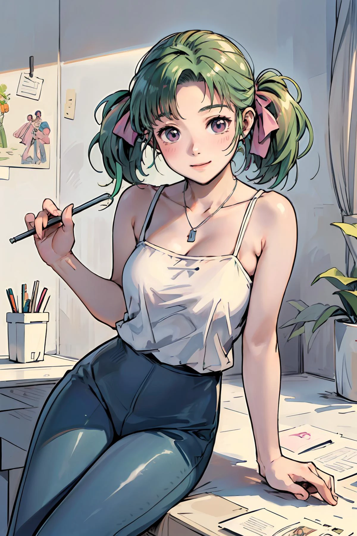8k high quality detailed,highres,anime,comic,detailed image,
(an illustration of a age girl posing,(an illustration of girl,teengirl)),(magazine_illustration),
(,HatsuenoAlpha,1girl,green_hair,pony-tail,pink_hair_ribbon,medium breasts),(Mysterious Smile),detailed_face,
((Lying on a grassy meadow, making a daisy chain, with a bright and playful expression,):0.8),
((, blue pants,camisole,killer):0.85),(,realistic clothing texture,realistic_skin_texture),<lora:HatsuenoAlpha:0.85>,<lora:æ§æèè²ç伽裤å带èå¿+ç¾å¥³:0.45>,<lora:more_details:0.2>