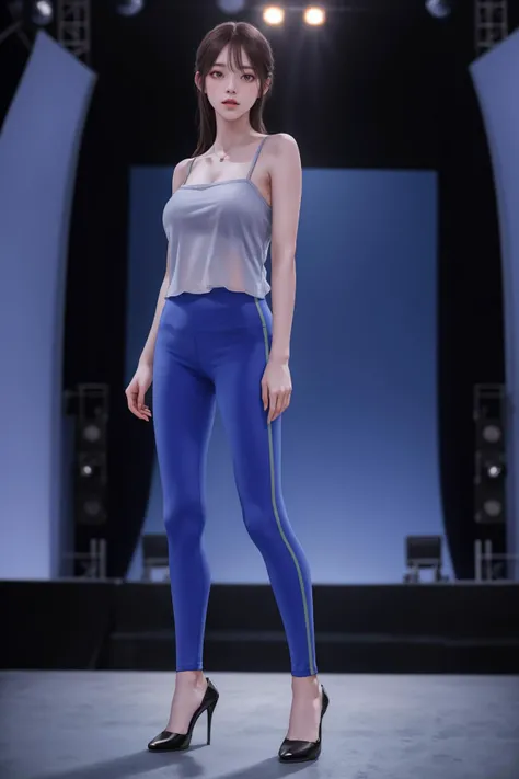 8k,highres,absurdres,masterpiece,best quality,original,extremely detailed CG,extremely detailed wallpaper,perfect lighting,<lyco:GoodHands-beta2:1>,
1girl,solo,blurry_background,looking_at_viewer,standing on the stage,
<lora:æ§æèè²ç伽裤å带èå¿+ç¾å¥³:0.6>,blue pants,camisole,killer,
