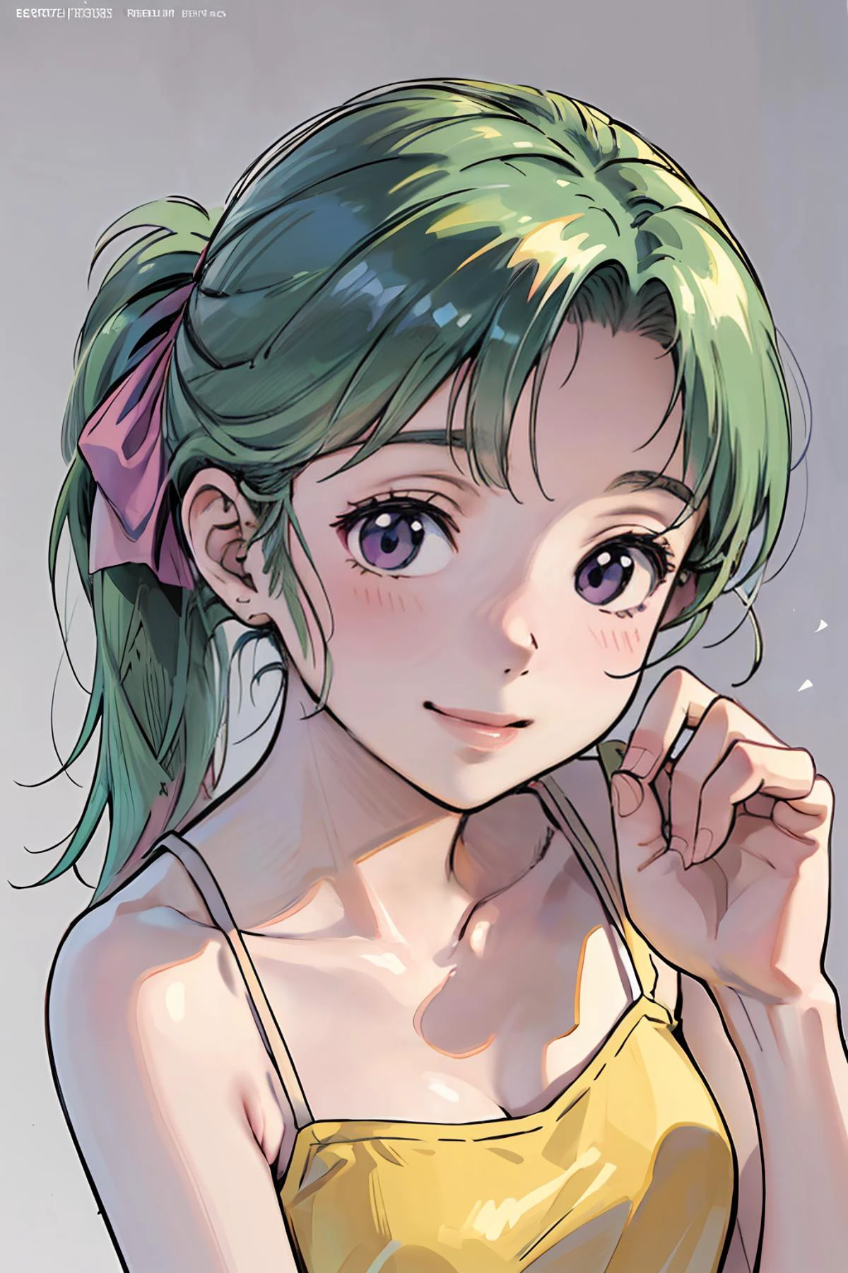 8k high quality detailed,highres,anime,comic,detailed image,
(an illustration of a age girl posing,(an illustration of girl,teengirl)),(magazine_illustration),
(,HatsuenoAlpha,1girl,green_hair,pony-tail,pink_hair_ribbon,medium breasts),(Dampened Smile),detailed_face,
((Reaching out with one hand,):0.8),
((, blue pants,camisole,killer):0.85),(,realistic clothing texture,realistic_skin_texture),<lora:HatsuenoAlpha:0.85>,<lora:æ§æèè²ç伽裤å带èå¿+ç¾å¥³:0.45>,<lora:more_details:0.2>
