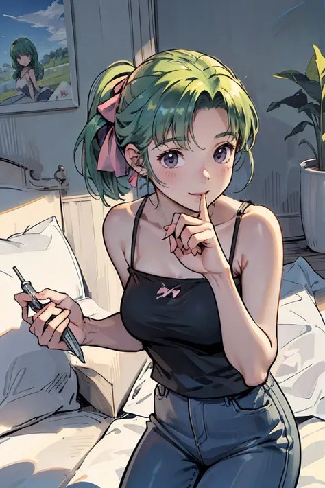 8k high quality detailed,highres,anime,comic,detailed image,
(an illustration of a teenage girl posing,(an illustration of girl,teenage girl)),(magazine_illustration),
(,HatsuenoAlpha,1girl,green_hair,pony-tail,pink_hair_ribbon,medium breasts),(Dazzling Smile),detailed_face,
((leaning_forward):0.8),
((, blue pants,camisole,killer):0.85),(,realistic clothing texture,realistic_skin_texture),<lora:HatsuenoAlpha:0.85>,<lora:æ§æèè²ç伽裤å带èå¿+ç¾å¥³:0.45>,<lora:more_details:0.2>