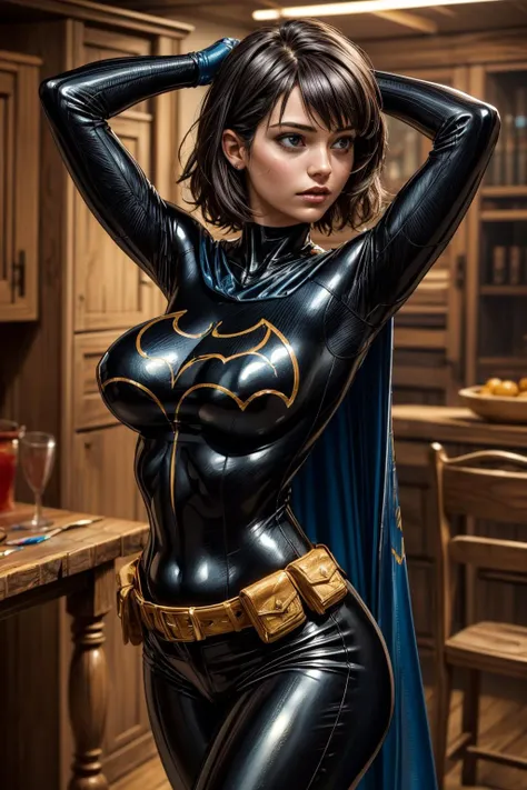 (Full body image:1.4), (Laurana/Woman:1.5), (Big breasts:2), (Wearing batman+Spider-Man costume/with yellow belt:1.5), (looking at the viewer/smiling:1.3), (She's inside the BatCave in front of the BatMobile:1.5), (She has short black hair:1.3), (light blue eyes:1.3), (her costume is an extremely tight body:1.4), (doing sexy poses while standing: 1.2), (body/hair/extremely wet: 1.1), (award-winning, UHD, anime, high detail, 16k, high quality, masterpiece)