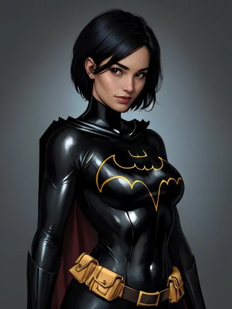 <lora:cassandracain-nvwls-v1:1.0>,batgirl,cassandra,black_hair,short_hair BREAK [SEP],
(black_bat_symbol:1.4),full_black_bodysuit,bat_symbol_on_chest,black_bat_symbol_on_bodysuit,black_cape,yellow_belt_pouch,black_elbow_gloves BREAK [SEP],
(revealed_cleavage,exposed_medium_breasts,navel,colarbone,covered_nipples:1.2) BREAK [SEP],
(ambient_lighting:1.1),(ultra_realistic,32k,RAW_photo:1.1),(high_detailed_skin:1.1),8k_uhd,dslr BREAK [SEP],
high_quality,film_grain,(shiny_glossy_translucent_clothing:1.1) BREAK [SEP],
full_shot,looking_at_viewer_seductively,flirty_smile,naughty_face,simple_background,(insanely_detailed,best_quality,masterpiece,photorealistic:1.3),