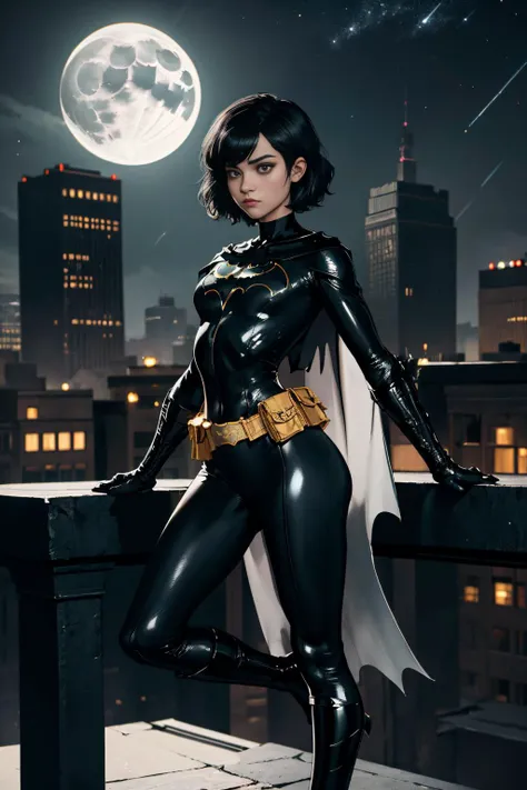 masterpiece, best quality, <lora:cassandracain-nvwls-v1:1> cassandra, black bodysuit, cape, belt, belt pouch, black hair, short hair, gloves, full body, boots, night, moonlight, rooftop, gotham