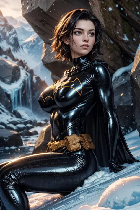(ultra realistic,32k, masterpiece:1.2),(high detailed skin:1.1),( high quality:1.1), 
<lora:cassandracain-nvwls-v1:0.7>cassandra, black hair, short hair, cape, bodysuit, black bodysuit, belt, belt pouch, black gloves, black pants, shiny latex, , <lora:add_detail:0.9>,huge breast,Lying on the side, propped up on one elbow2
,(backlight:1.1),  A mountainous location full of icy boulders and snow