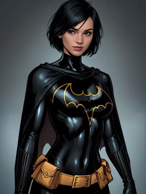 <lora:cassandracain-nvwls-v1:1.0>,batgirl,cassandra,black_hair,short_hair BREAK [SEP],
(black_bat_symbol:1.4),full_black_bodysuit,bat_symbol_on_chest,black_bat_symbol_on_bodysuit,black_cape,yellow_belt_pouch,black_elbow_gloves BREAK [SEP],
(revealed_cleavage,exposed_medium_breasts,navel,colarbone,covered_nipples:1.2) BREAK [SEP],
(ambient_lighting:1.1),(ultra_realistic,32k,RAW_photo:1.1),(high_detailed_skin:1.1),8k_uhd,dslr BREAK [SEP],
high_quality,film_grain,(shiny_glossy_translucent_clothing:1.1) BREAK [SEP],
full_shot,looking_at_viewer_seductively,flirty_smile,naughty_face,simple_background,(insanely_detailed,best_quality,masterpiece,photorealistic:1.3),