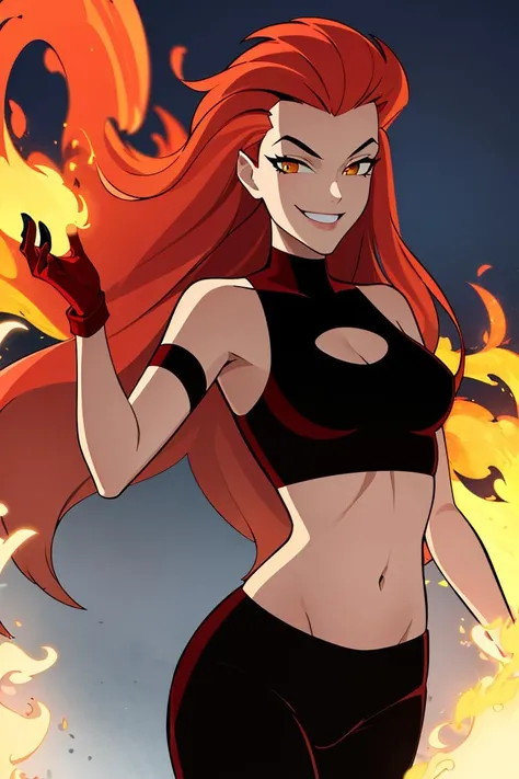 ((masterpiece,best quality)), absurdres, <lora:Volcana_DCAU:0.6>, Volcana_DCAU, solo, smiling, smug, very long hair, red hair, fiery hair, midriff, fire, looking at viewer, cowboy shot, cinematic composition, dynamic pose