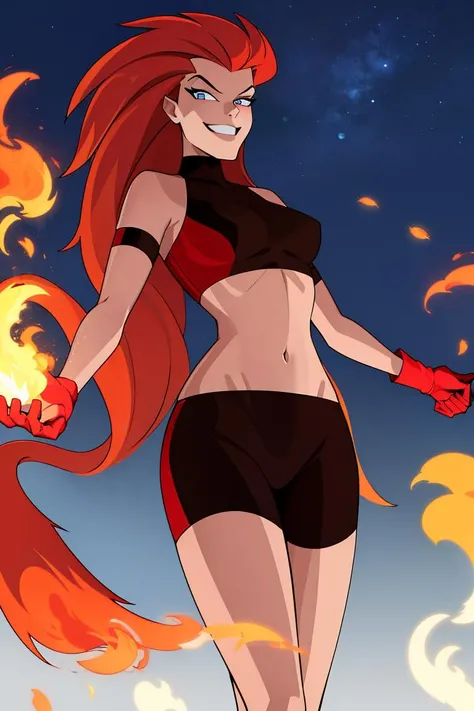 ((masterpiece,best quality)), absurdres, <lora:Volcana_DCAU:0.8>, Volcana_DCAU, solo, smiling, smug, very long hair, red hair, fiery hair, midriff, fire, looking at viewer, cowboy shot, cinematic composition, dynamic pose