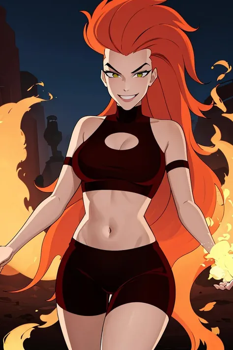 ((masterpiece,best quality)), absurdres, <lora:Volcana_DCAU:0.7>, Volcana_DCAU, solo, smiling, smug, very long hair, red hair, fiery hair, midriff, fire, looking at viewer, cowboy shot, cinematic composition, dynamic pose