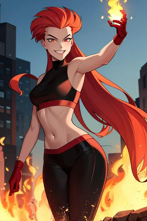 ((masterpiece,best quality)), absurdres, <lora:Volcana_DCAU:0.6>, Volcana_DCAU, solo, smiling, smug, very long hair, red hair, fiery hair, midriff, fire, looking at viewer, cowboy shot, cinematic composition, dynamic pose