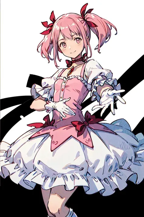 <lora:Madoka:1> MadokaAi, kaname madoka, pink eyes, pink hair, short hair, bangs, short twintails, small breasts, magical girl, rose, hair bow, hair ribbon, bow, ribbon, red ribbon, pink bow, red choker, ribbon choker, collarbone, soul gem, frills, dress, buttons, puffy sleeves, frilled sleeves, white gloves, bubble skirt, socks, shoes,
smile, abstract background, reaching towards viewer, open hand, pink and white white background, cowboy shot, bow, <lora:yoshida_akihiko_offset:1> yoshida akihiko,, absurdres, ultra detailed, masterpiece, best quality, aesthetic, detailed,