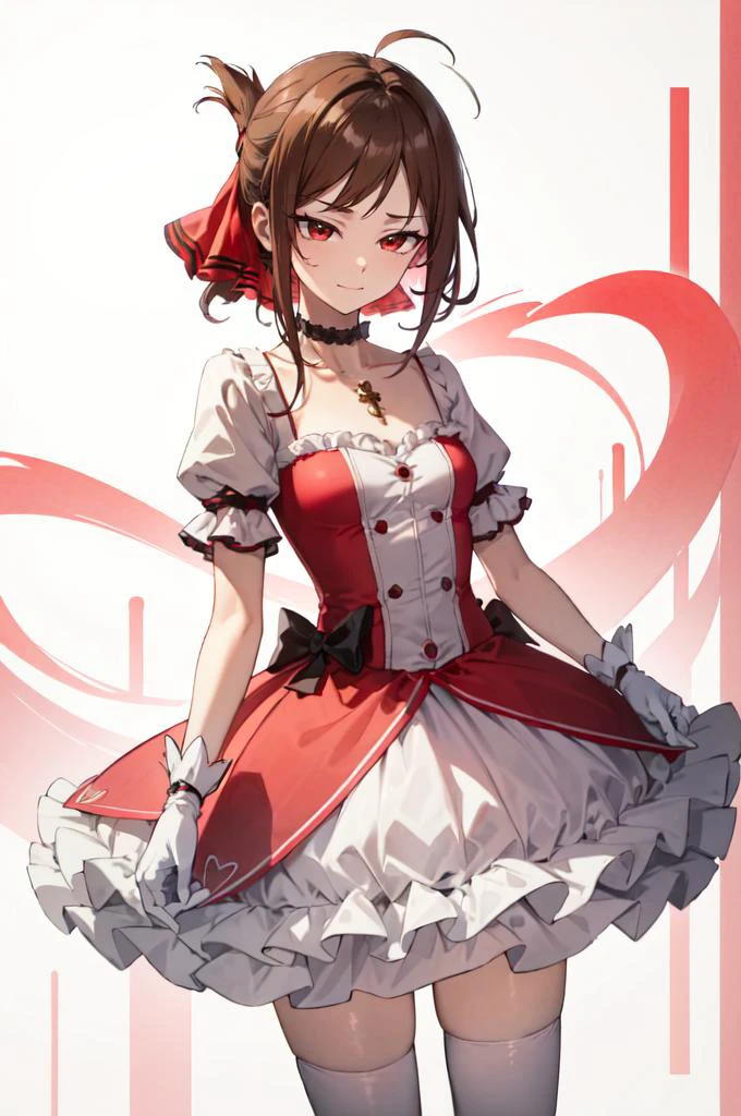 <lora:Madoka:1> MadokaAi, magical girl, rose, hair bow, hair ribbon, bow, ribbon, red ribbon, pink bow, red choker, ribbon choker, collarbone, soul gem, frills, dress, buttons, puffy short sleeves, frilled sleeves, white gloves, bubble skirt, socks, shoes,
smile, abstract background, reaching towards viewer, open hand, pink background and white background, cowboy shot, bow,, absurdres, ultra detailed, masterpiece, best quality, aesthetic, detailed,, solo, frown,
1girl, red eyes, <lora:Tsurime3:1>, (tsurime:1.2), (brown hair:1.3), medium hair, (asymmetrical bangs, swept bangs, cowlick:1.35), flipped hair, <lora:foldedponytail:0.8> foldedponytail, folded ponytail, (small breasts:1.3),