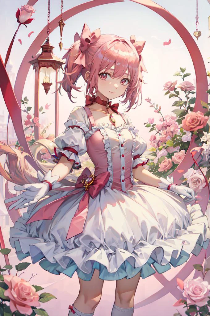 <lora:Madoka:1> MadokaAi, kaname madoka, pink eyes, pink hair, short hair, bangs, short twintails, small breasts, magical girl, rose, hair bow, hair ribbon, bow, ribbon, red ribbon, pink bow, red choker, ribbon choker, collarbone, soul gem, frills, dress, buttons, puffy short sleeves, frilled sleeves, white gloves, bubble skirt, socks, shoes,
smile, abstract background, reaching towards viewer, open hand, pink background and white background, cowboy shot, bow, <lora:TorinoV71:0.85>, absurdres, ultra detailed, masterpiece, best quality, aesthetic, detailed,