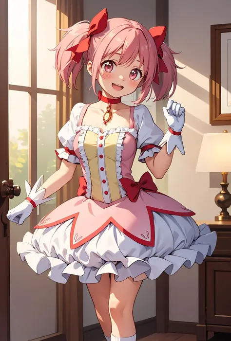 (masterpiece, best quality), 1girl, <lora:Madoka:0.8> MadokaAi , pink hair, pink eyes, short hair, bangs, short twintails, flat chest, breasts, blush, smile, open mouth, large breasts, bow, ribbon, twintails, hair ribbon, hair bow, symbol-shaped pupils, red ribbon, pink bow, gloves, white gloves, frilled sleeves, collarbone, soul gem, skirt, dress, shoes, buttons, choker, socks, puffy sleeves, ribbon choker, red choker, puffy short sleeves, frills, choker, cosplay, rose, magical girl, bubble skirt, kaname madoka