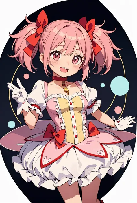 (masterpiece, best quality), 1girl, <lora:Madoka:0.8> MadokaAi , pink hair, pink eyes, short hair, bangs, short twintails, flat chest, breasts, blush, smile, open mouth, large breasts, bow, ribbon, twintails, hair ribbon, hair bow, symbol-shaped pupils, red ribbon, pink bow, gloves, white gloves, frilled sleeves, collarbone, soul gem, skirt, dress, shoes, buttons, choker, socks, puffy sleeves, ribbon choker, red choker, puffy short sleeves, frills, choker, cosplay, rose, magical girl, bubble skirt, kaname madoka